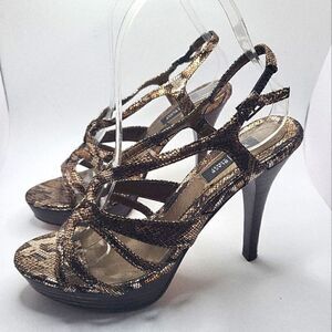White House Black Market "Karley" Gld/Blk Metal Croc Platform Sandals sz.6.5 $99